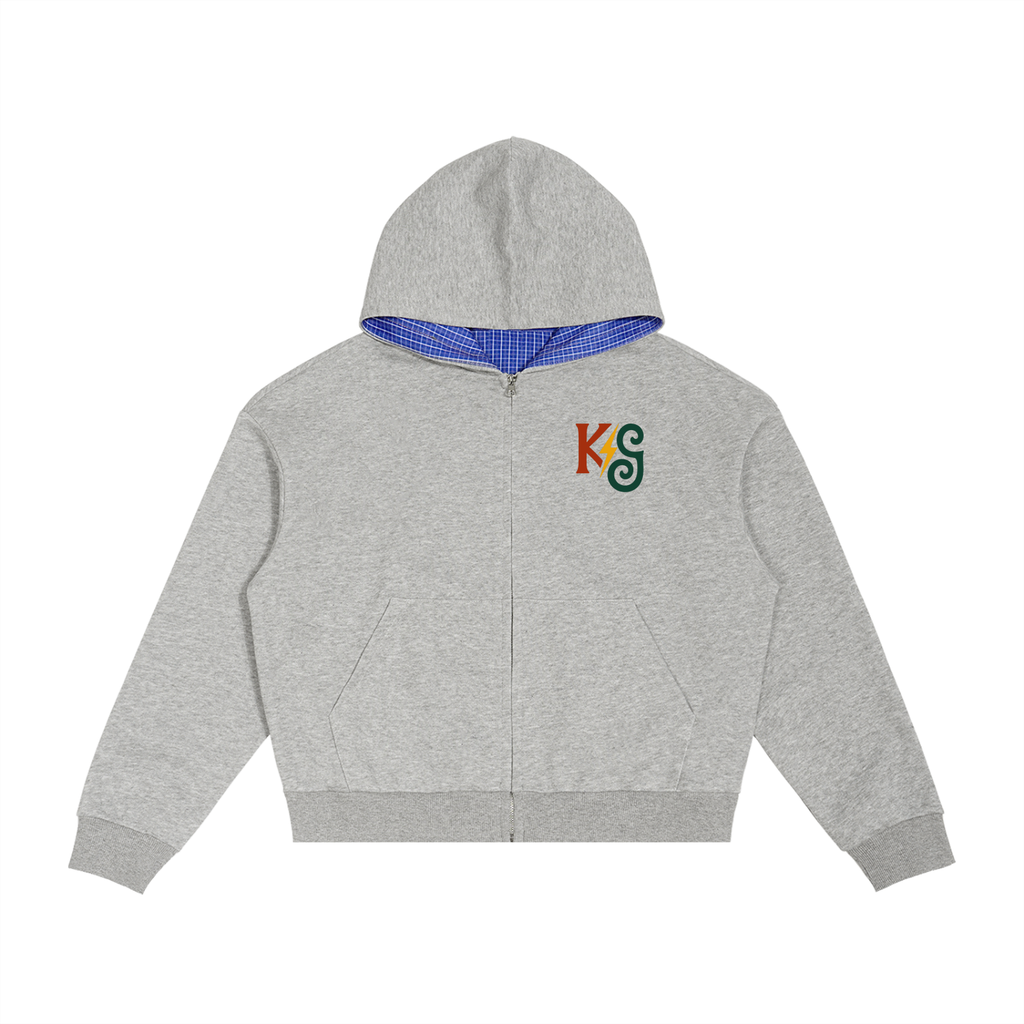 Contrast Plaid Boxy Zip Hoodie